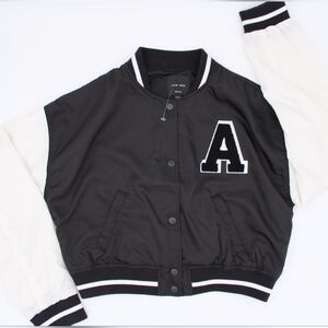 Love Tree (M) Black White Cropped Varsity Bomber Jacket Patch Letter A